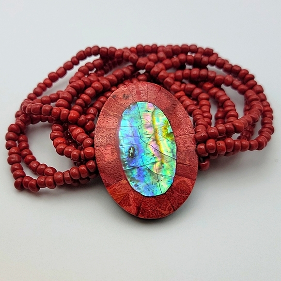 Abalone Red Sponge Coral Seed Beaded Stretch Bracelet Beads Petite - Picture 8 of 8